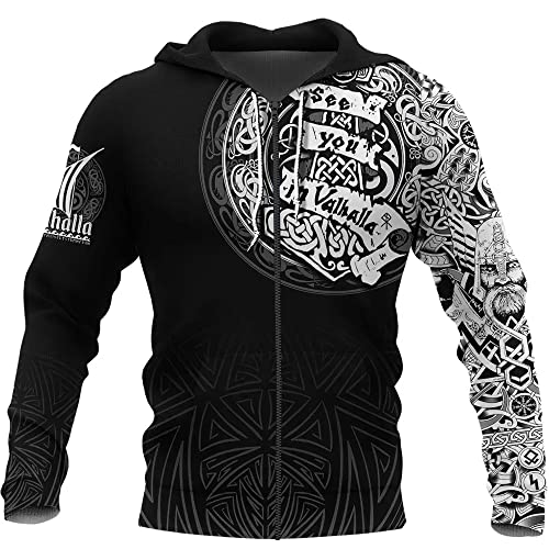 Viking Pullover Zip Hoodies und T-Shirt Sweatshirt 3D-Druck Norse Odin In Valhalla für Herren (Color : Black zipper, Size : L) von qsebhnj