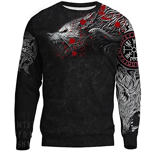 Wikinger-Pullover mit Reißverschluss für Herren und T-Shirt, 3D-Druck mit nordischen Odin-Fenrir-Wolf-Grafiken (Color : Black Sweatshirt, Size : 5XL) von qsebhnj