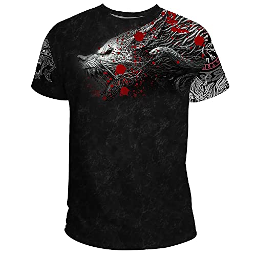 Wikinger-Pullover mit Reißverschluss für Herren und T-Shirt, 3D-Druck mit nordischen Odin-Fenrir-Wolf-Grafiken (Color : Black T-shirt 1, Size : 3XL) von qsebhnj
