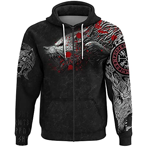 Wikinger-Pullover mit Reißverschluss für Herren und T-Shirt, 3D-Druck mit nordischen Odin-Fenrir-Wolf-Grafiken (Color : Black Zipper, Size : XL) von qsebhnj