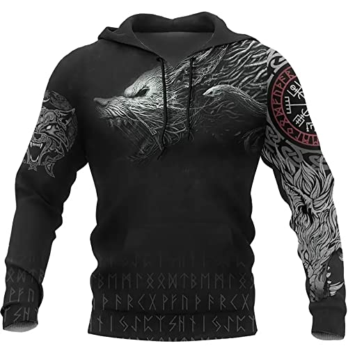 Wikinger-Pullover mit Reißverschluss für Herren und T-Shirt, 3D-Druck mit nordischen Odin-Fenrir-Wolf-Grafiken (Color : Black hoodie, Size : 6XL) von qsebhnj