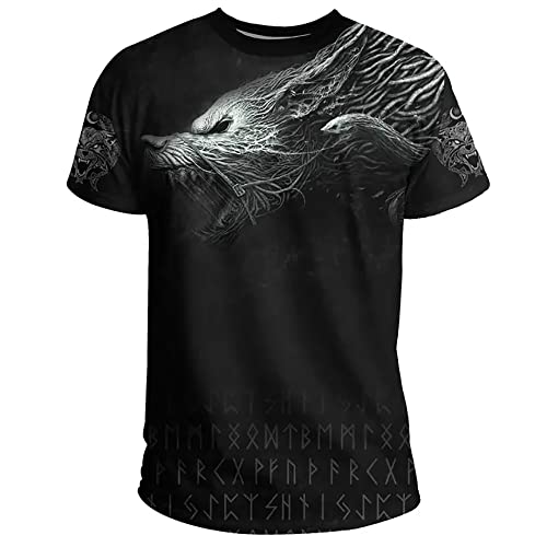 Wikinger-Pullover mit Reißverschluss für Herren und T-Shirt, 3D-Druck mit nordischen Odin-Fenrir-Wolf-Grafiken (Color : Black t-shirt 1, Size : 4XL) von qsebhnj