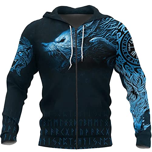 Wikinger-Pullover mit Reißverschluss für Herren und T-Shirt, 3D-Druck mit nordischen Odin-Fenrir-Wolf-Grafiken (Color : Black zipper, Size : 3XL) von qsebhnj