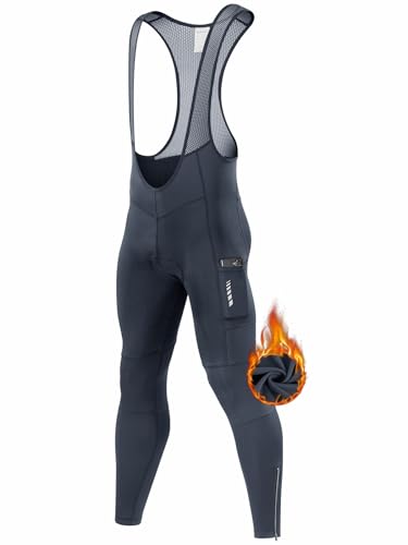 qualidyne Herren-Rad-Trägerhose, 3D-gepolstert, Winter, thermisch, kaltes Wetter, lange Leggings, Grau – Taschen + Fleece-Innenfutter, XXL von qualidyne