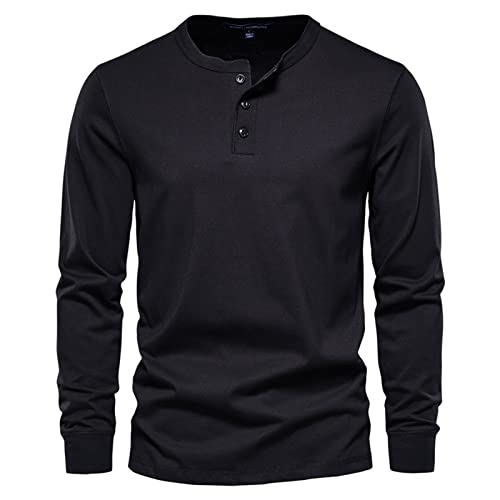 100% Baumwolle Herren T-Shirt Mit Henley-Kragen Lässiges Einfarbiges Langarm-T-Shirt Für Männer,Schwarz,3XL von quanmengsh511