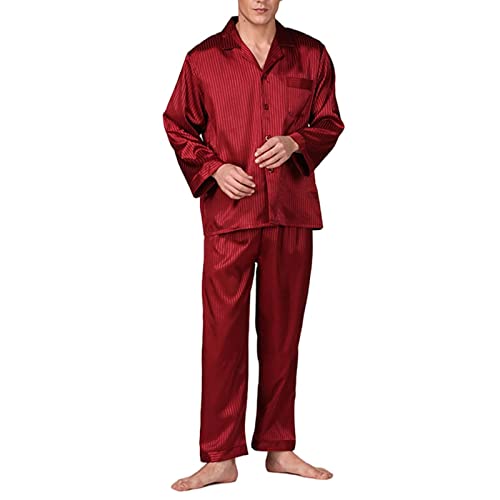 Herren Schlafanzug Lang Satin Pyjama Set Langarm Top und Taschen Pyjamahose Zweiteilig Set Nachtwäsche Weiche Männliche Hausanzug,Rot,3XL von quanmengsh511