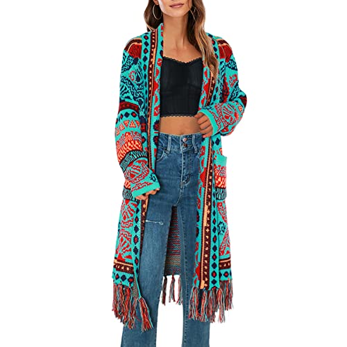 Langer Strick-Cardigan für Damen im Bohemian-Ethno-Stil mit Offener Vorderseite Langen Ärmeln und Fransen am Saum Lockerer Cardigan Outwear,Grün,M von quanmengsh511