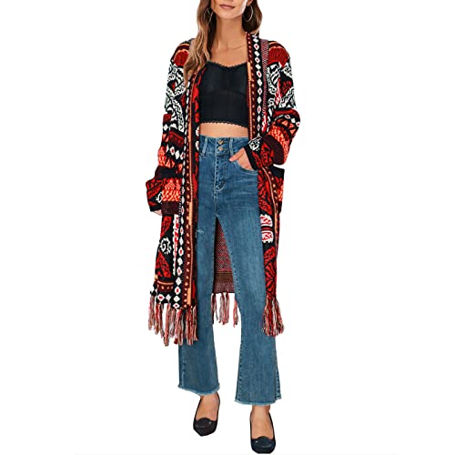 Langer Strick-Cardigan für Damen im Bohemian-Ethno-Stil mit Offener Vorderseite Langen Ärmeln und Fransen am Saum Lockerer Cardigan Outwear,Rot,L von quanmengsh511