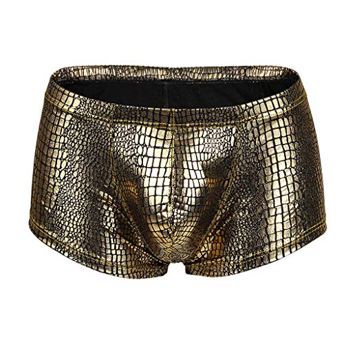 qudang Herren Boxershorts Lack Optik Leder Retroshorts Dessous Erotik Slips Wetlook Hipster Sexy Unterwäsche Reizwäsche Männer Kunstleder gogo Boxer Shorts Leder Slips Geschenke （Gold ，L von qudang