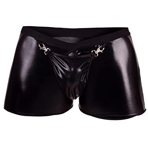 qudang Herren Leder Boxershorts Lack glänzend Optik Wetlook sexy Unterwäsche Reizwäsche für Männer Clubwear sexy Slips Tanga mit offenem Schritt Ouvert Shorts Pants （Schwarz，L von qudang