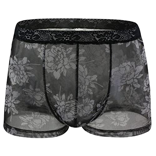 qudang Herren Spitze Boxershorts Sexy Unterwäsche Transparent Retroshorts Blumenmuster Lace Boxer Briefs Männer Weich Atmubgsaktive Unterhosen Erotik Slips Wetlook Hipster Geschenke （Schwarz ，L von qudang