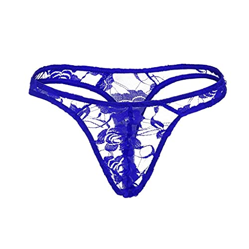 qudang Herren String Tanga Transparent Spitzen Slip Sexy Stickerei Unterwäsche Männer Erotik Unterhose Sissy Dessous G-String T-Back Reizwäsche （Blau，Einheitsgröße von qudang