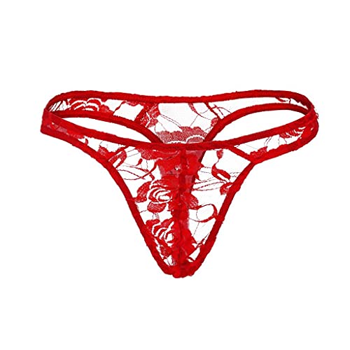 qudang Herren String Tanga Transparent Spitzen Slip Sexy Stickerei Unterwäsche Männer Erotik Unterhose Sissy Dessous G-String T-Back Reizwäsche （Rot，Einheitsgröße von qudang