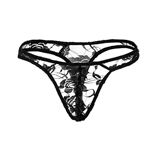 qudang Herren String Tanga Transparent Spitzen Slip Sexy Stickerei Unterwäsche Männer Erotik Unterhose Sissy Dessous G-String T-Back Reizwäsche （Schwarz，Einheitsgröße von qudang