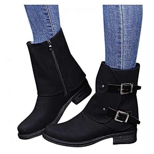 qudang Stiefeletten Damen Bikerboots mit Schnallen Reißverschluss Vintage Ankle Boots Kurzschaft Stiefel Winter Schuhe Flache Bequem Winterstiefel von qudang