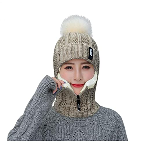 qudang Winter Mütze Schal Set Damen Wintermütze mit Bommel Reißverschluss Sturmhaube Unisex Strickmütze Dicke Fleecefutter 3 in 1 Warm Gefüttert für Outdoor-Wintersport von qudang