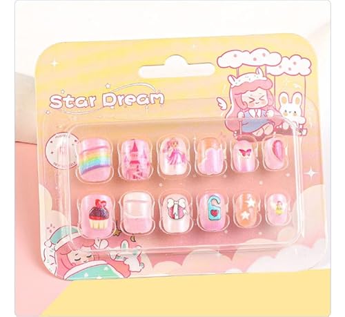 12 Pieces Girls Stick-On Fingernails Set Artificial Nail Children Full Cover Short False Fingernails for Girls Children Nail Art DIY Summer (Colour, M) von qwqplus