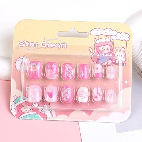 12 Pieces Girls Stick-On Fingernails Set Artificial Nail Children Full Cover Short False Fingernails for Girls Children Nail Art DIY Summer (Love, M) von qwqplus