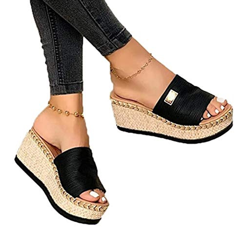 qyy Damen Plateau Pantoletten mit Kork Keilabsatz Sandalen Peep Toe Schuhe Keilsandalen Retro Plateau Sandalen Indoor Outdoor Flache Schuhe Leinwand Römische Schuhe von qyy