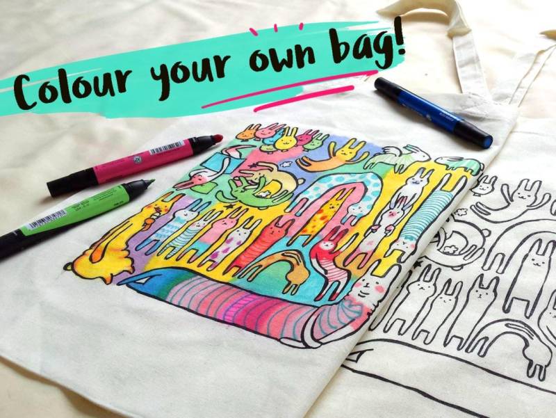 Niedliche Kaninchen Tragetasche | Farbe Deine Eigene Tasche Einkaufstasche Hasen Kinder Geschenk Abwaschbar Einkaufstüte Lässiges Outfit von rabbitsandhurricane