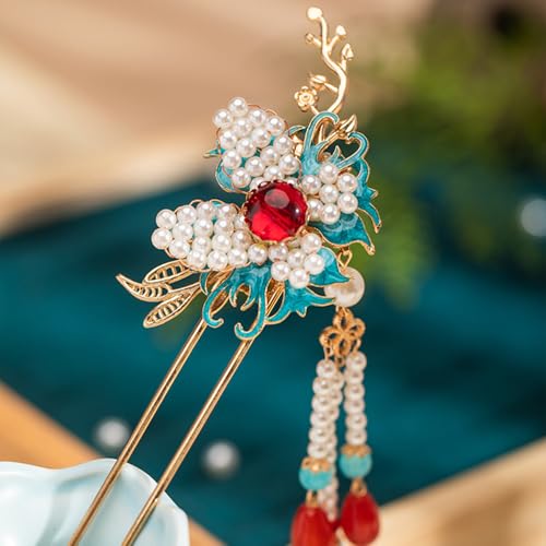 Rabithenn Brennende blaue Zweige mit Schmetterlings- und Perlenquasten Chinesische Hanfu-Haarspange Haarschmuck für Frauen Mädchen langes Haar (Brennende blaue Zweige) von rabithenn