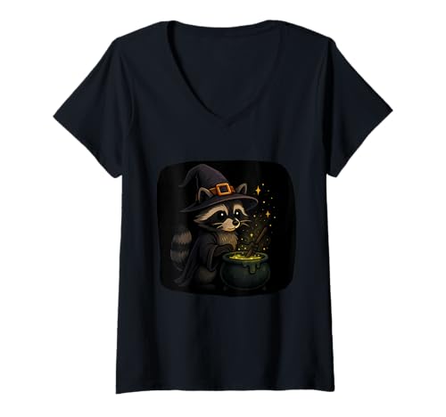 Damen Waschbär Hexe Rührkessel T-Shirt mit V-Ausschnitt von raccoon witch cauldron halloween cute halloween