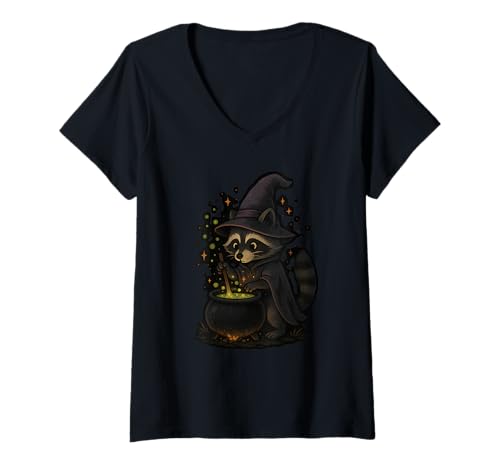 Damen Witch Waschbär Rührkessel T-Shirt mit V-Ausschnitt von raccoon witch cauldron halloween cute halloween