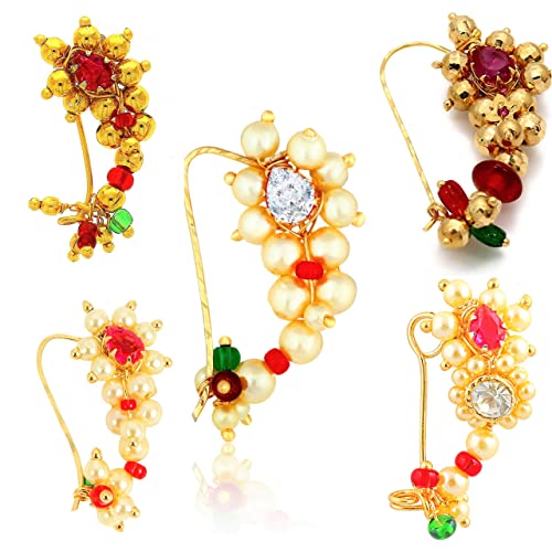 radhna Maharashtrian Traditioneller Perlenschmuck Marathi Banu Nathiya Nasenring für Hochzeit Frauen Mädchen Design Combo Gold Pressnadel nicht durchbohrt (5 Stück) - NATH COMBO-144, Zink, Nr, Zink, von radhna