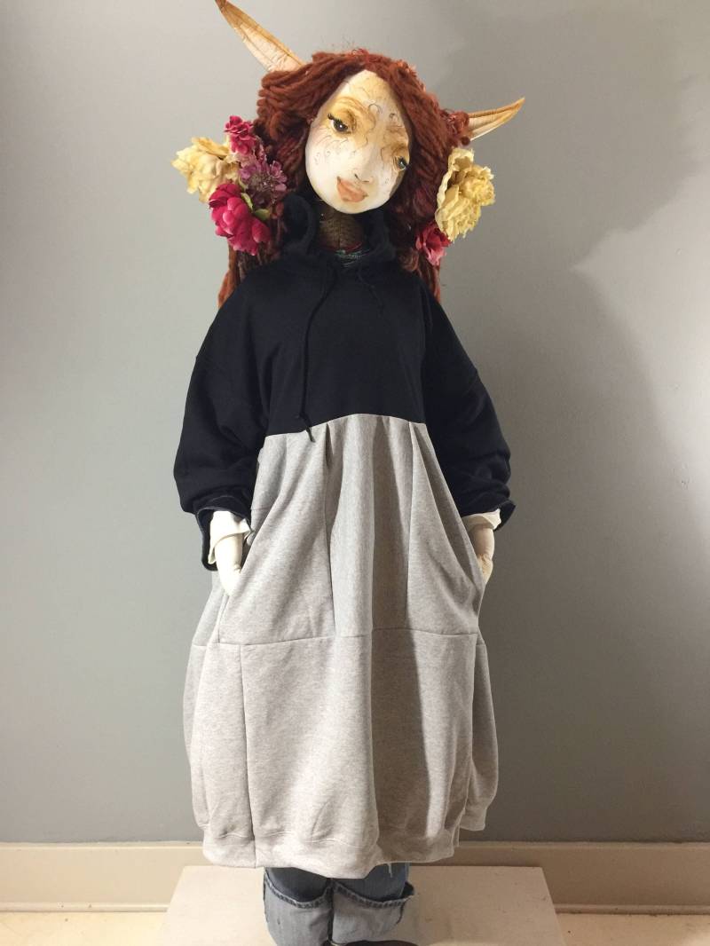 S-2xl Schwarz Grau Patchwork Maxi Sweatshirt Kleid-Maxi Fleece Hoody Kleid-Langes Sweatshirt-Raggandbone-Szmade-To-Order von raggandbone