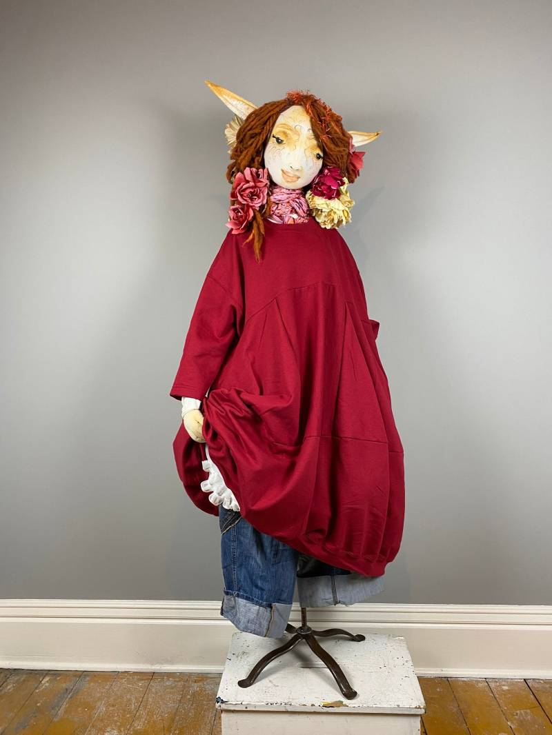 S-3x Rot Maxi Sweatshirt Kleid-Patchwork Neue Fleece Extra Voll Kleid-Langes Kleid-Raggandbone Shop von raggandbone
