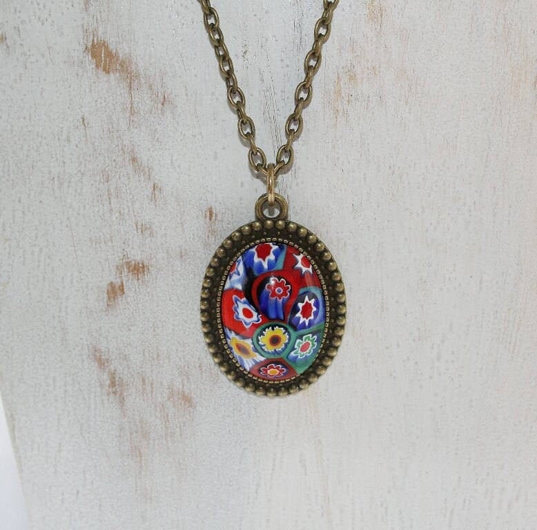 Kette Bronze, Murano Millefiori Anhänger, Cabochon, Halsschmuck von raikabeads