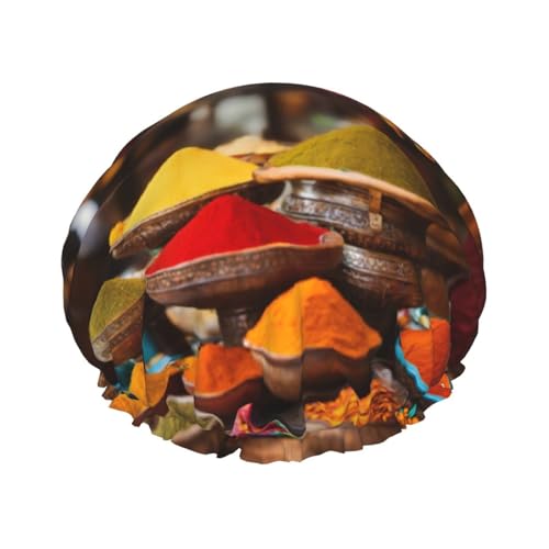 Condiments Wiederverwendbare Duschhaube mit Gewürzmuster für Damen, langes Haar, doppellagig von rannsut