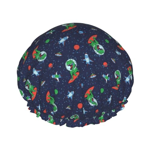 Lustiger Astronauten-Dino-Raketen-Druck, wiederverwendbare Badehaube für Frauen, langes Haar, doppellagiger Bade-Duschhut von rannsut