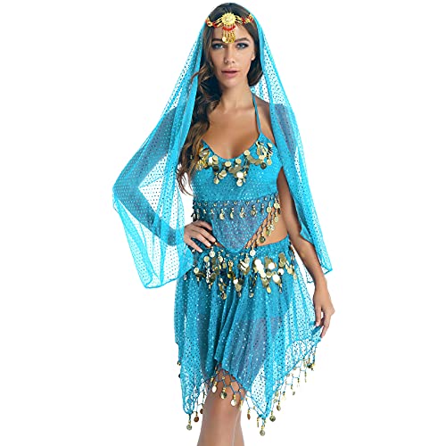 ranrann Bauchtanz Kostüm Damen Indische Tanz Outfits Oberteil BH Tanzrock mit Schleier Kopfschmuck Frauen Tanzbekleidung Halloween Karneval Kostüm Himmelblau One Size von ranrann