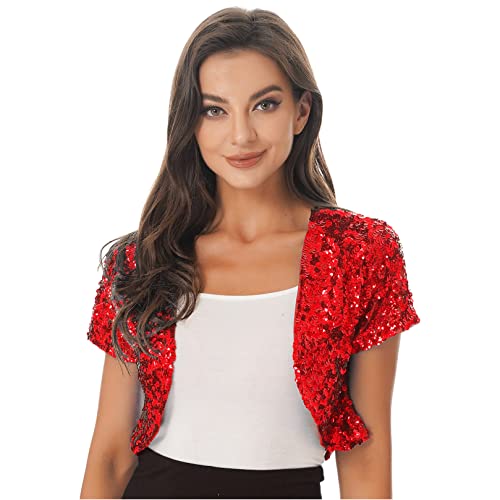 ranrann Damen Bolero Pailletten Jacke Kurz Cardigan Kurzarm Schulterjacke Glitzernde Strickjacke Offen Frauen Retro Party Fasching Silvester Kostüm Rot One Size von ranrann