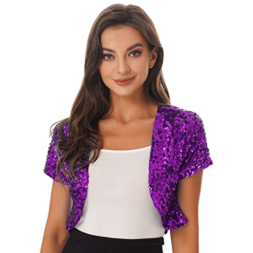 ranrann Damen Bolero Pailletten Jacke Kurz Cardigan Kurzarm Schulterjacke Glitzernde Strickjacke Offen Frauen Retro Party Fasching Silvester Kostüm Violett One Size von ranrann