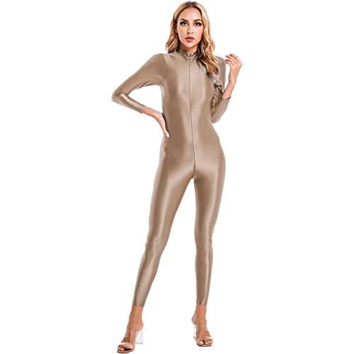 ranrann Damen Einteiler Overall Langarm Body Ganzkörper Catsuit mit doppelter Reißverschluss Ouvert Nachtwäsche Dessous Hosenanzug Stretch Champagne One Size von ranrann