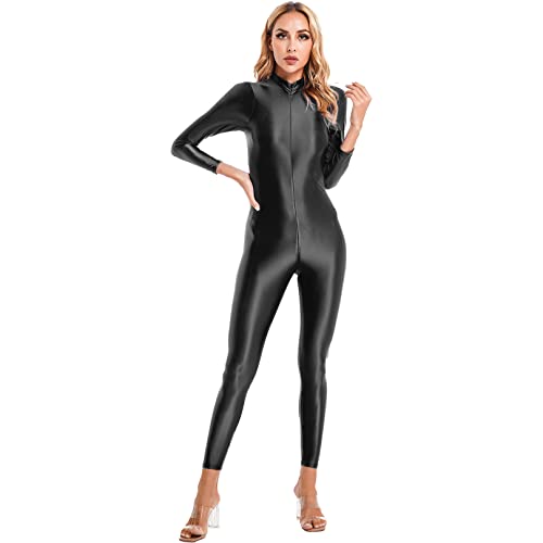 ranrann Damen Einteiler Overall Langarm Body Ganzkörper Catsuit mit doppelter Reißverschluss Ouvert Nachtwäsche Dessous Hosenanzug Stretch Schwarz One Size von ranrann