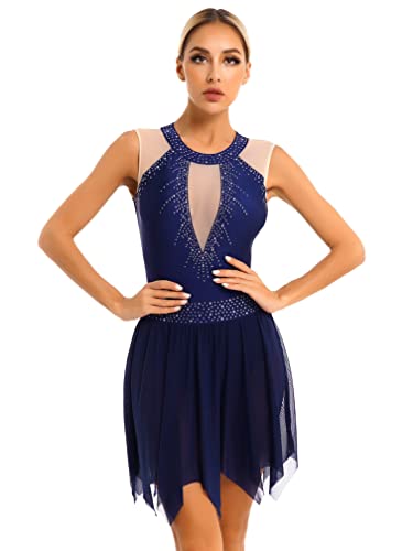 ranrann Damen Eiskunstlauf Kleider Tanzkleid Ärmellos Leotard Trikot mit Glitzernd Strass Asymmetrische Gymnastikanzug Tanz Kostüm Marineblau XXL von ranrann