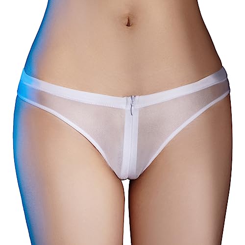 ranrann Damen Glänzende Unterhose Schlüpfer Panty Sexy Slip Transparnet mit Reißverschluss Offen Schritt Erotik Dessous Unterwäsche Elastisch Weiß B One Size von ranrann