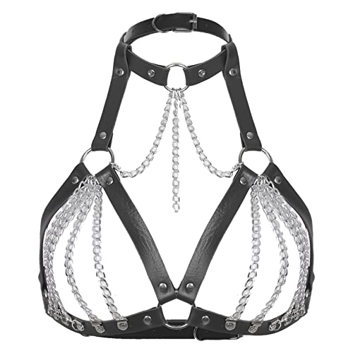 ranrann Damen Harness BH Brust Geschirr Gürtel Sexy Oberteil mit Metall Ketten Dessous Unterwäsche Gothic Punk Kostüm Schwarz C One_Size von ranrann