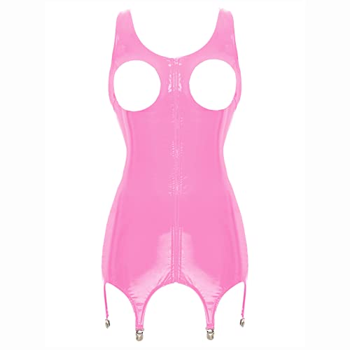 ranrann Damen Lack Leder Kleid Minikleid Sexy Nachthemd Ouvert Dessous Nachtwäsche Unterwäsche Frauen Korsett Kleid Brustfrei Erotik Lingerie Schwarz Hot Pink_H XXL von ranrann