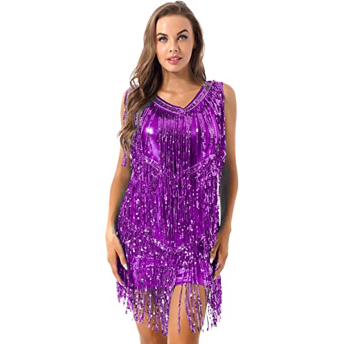 ranrann Damen Latein Kleid Frasen Quasten Tanzkleid Glitzernde Cocktailkleid Flapper Kleider Sexy Salsa Rumba Tango Tanzkostüm Violett Large von ranrann