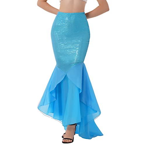 ranrann Damen Meerjungfrau Kostüm Rock Maxirock Pailletten Party Fischschwanz Rock mit Fischschuppen für Halloween Karneval Fasching Party Cosplay Blau L von ranrann