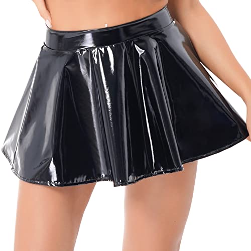 ranrann Damen Minirock Kurz Lack Leder Rock Skater A-Linie Partyrock Gefaltet Röckchen Hohe Taille Tanzrock Clubwear Schwarz B 4XL von ranrann