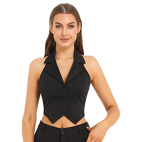 ranrann Damen Neckholder Weste Anzugweste Elegant Kellnerweste Business Anzug Weste Top mit Knopfleiste Frauen Festlich Formell Outfits Schwarz C M von ranrann