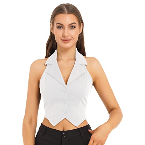 ranrann Damen Neckholder Weste Anzugweste Elegant Kellnerweste Business Anzug Weste Top mit Knopfleiste Frauen Festlich Formell Outfits Weiß C S von ranrann