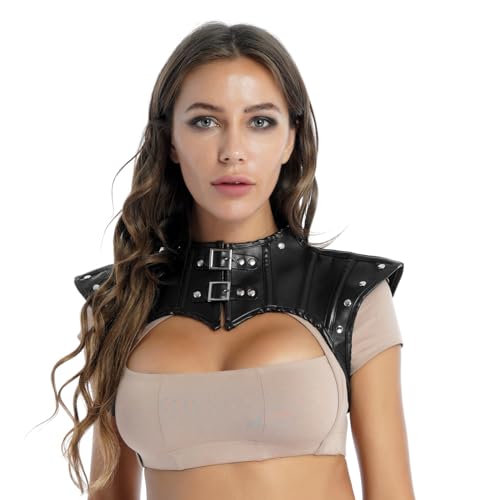 ranrann Damen Schulter Schutz Rüstung PU Leder Schultergurt mit Schnallen Schnürung Oberteil Zubehör Steampunk Gothic Kostüm für Party Karneval Fasching Schwarz Medium von ranrann