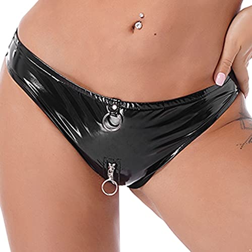 ranrann Damen Sexy Slip Unterhose Panty Tanga aus Lack Leder mit Reißverschluss Ouvert Dessous Unterwäsche Cut Out Frauen Bikini Briefs Shorts Schwarz A M von ranrann