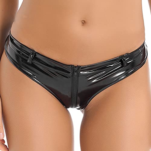 ranrann Damen Sexy Slip Unterhose Panty Tanga aus Lack Leder mit Reißverschluss Ouvert Dessous Unterwäsche Cut Out Frauen Bikini Briefs Shorts Schwarz E L von ranrann